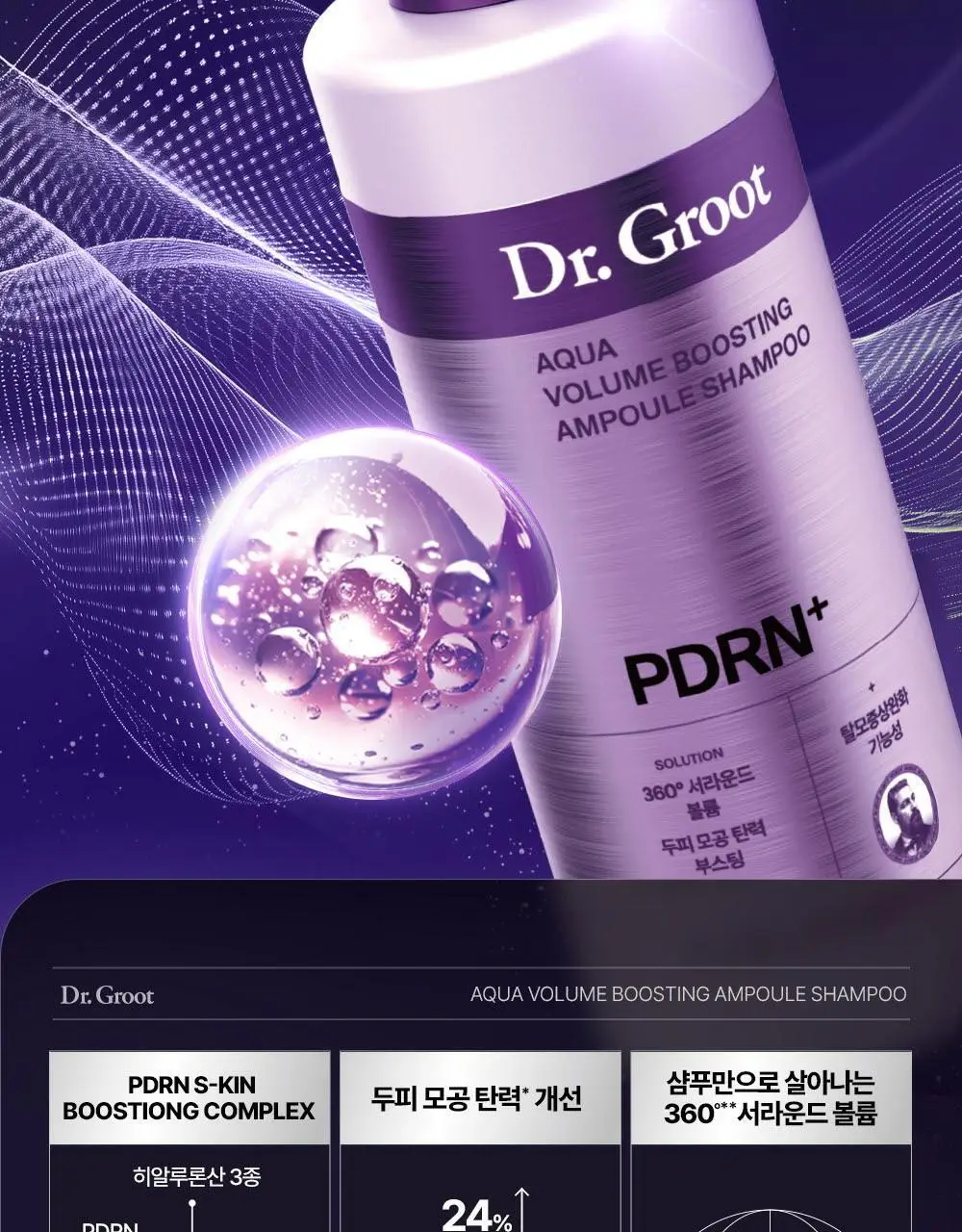 [360서라운드볼륨] 닥터그루트 아쿠아 PDRN 볼륨 부스팅 앰플 샴푸 300ml 기획 (+50ml 증정) 상세페이지 8
